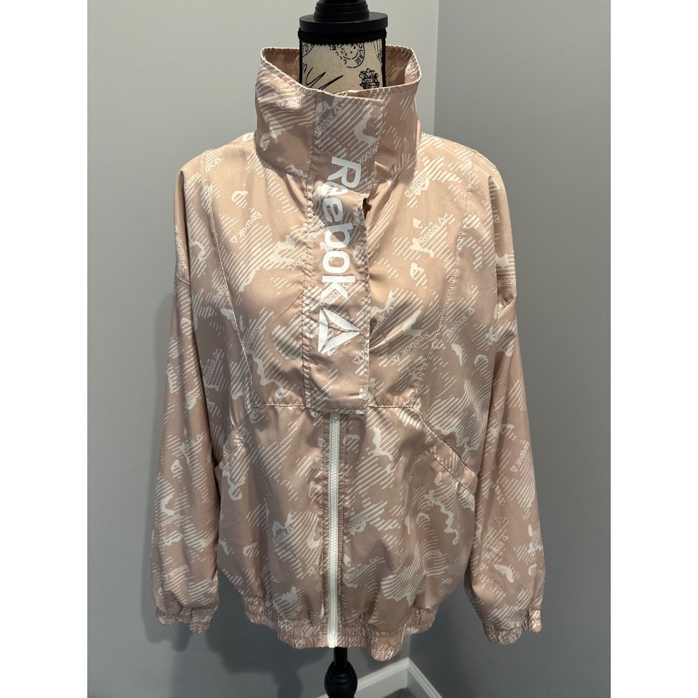 Reebok Lightweight Windbreaker Jacket All Over Logo Print‎ Mock Neck Zip Up